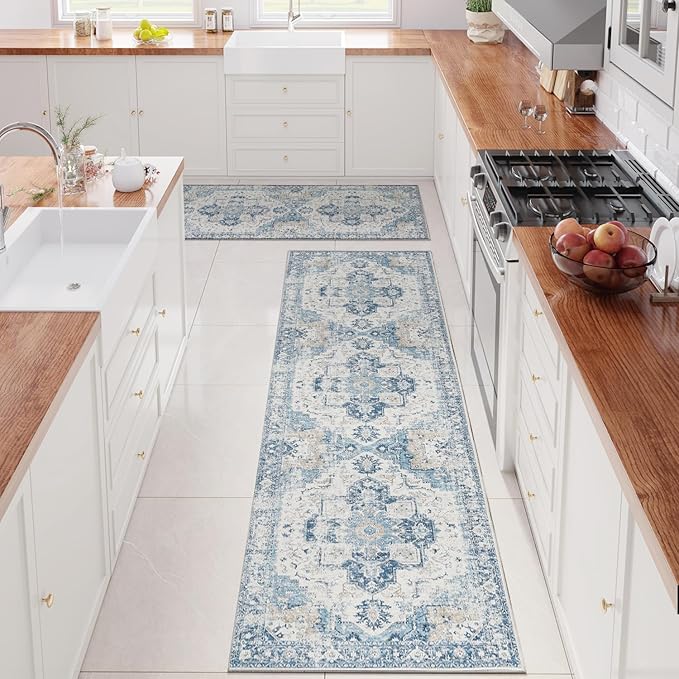 jinchan Kelda Runner Rug 3x8-2pcs Vintage Hallway Rug Kitchen Washable Runner Retro Floor Cover Lightweight Non-Slip Thin Distressed Carpet for Entryway Bathroom Laundry Room Bedroom Stairway Blue