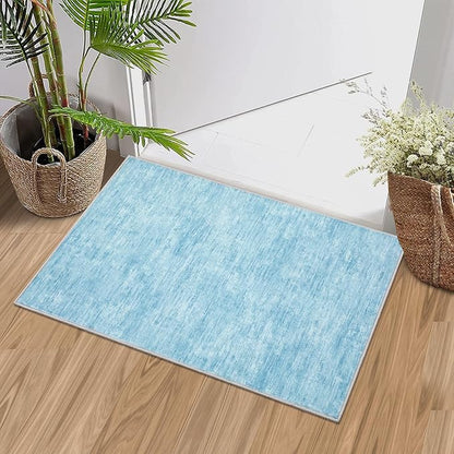 RUGSREAL Small Area Rug 2x3 Entryway Mat with Rubber Backing Stain Resistant Throw Carpet Modern Solid Color Bath Mat Contempowary Washable Rug for Living Room Bedroom Dining Room Kitchen, Blue 2x3