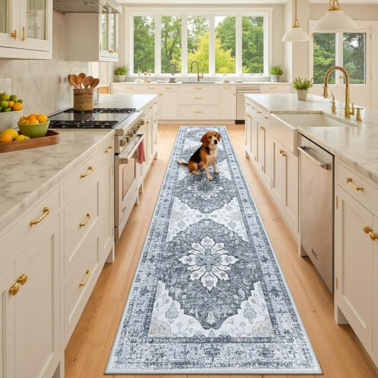 Area Rugs 3'x10' Washable Non-Slip, Floral Vintage Distress Print Pattern Medallion Carpet for Living Room Bedroom Dining Room, Light Gray Grey White