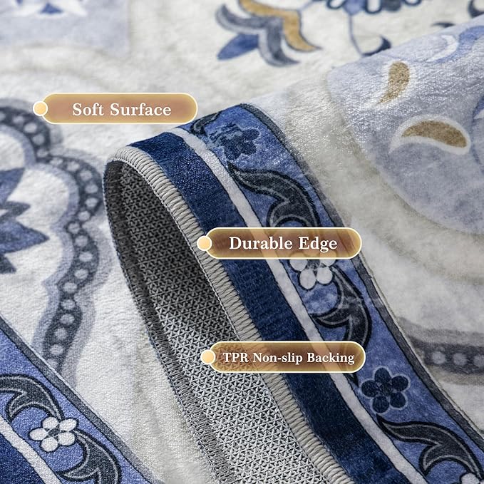 EnHomee Area Rugs 5x7, Soft Washable Rugs for Living Room Bedroom, Boho Non Slip Low Pile Stain Resistant Washable Rug Large Carpet for Dining Room,Easy to Clean Living Room Rug, Blue