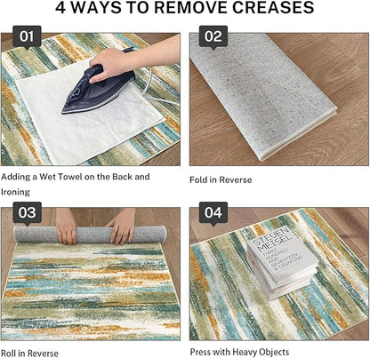 Modern Abstract Runner Rug 2x5, Green Mustard Multi Washable Entryway Kitchen Runner Non-Slip Soft Hallway Rug Runner Thin Print Faux Wool Carpet for Bedroom Laundry Room Indoor