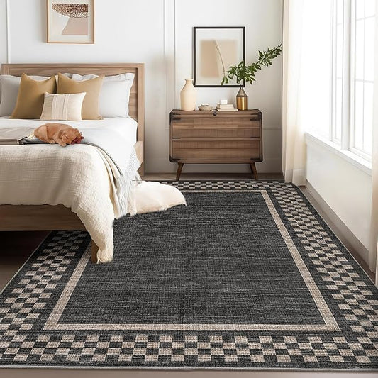 Small Bedroom Area Rug 3x5 Checkered Area Rug for Living Room Nursery Non Slip Kitchen Throw Carpet Low Pile Modern Bordered Rugs Washable Bathroom Mat Soft Brown Rugs for Laundry Entryway, Black