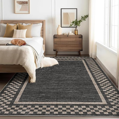 GarveeHome 4x6 Rug Small Washable Living Room Rug Modern Bordered Area Rugs with Rubber Backing Soft Non Slip Low Pile Dining Room Throw Carpet Checkered Geometric Mats for Bedroom Kitchen, Black