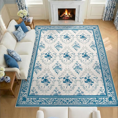 SOULFUL Medium Pile 4x6 Rugs for Living Room - Soft Underfoot Area Rug - Blue Boho Floral - Washable Non-Slip - Perfect for Bedroom Kids Room Under Dining Table Office