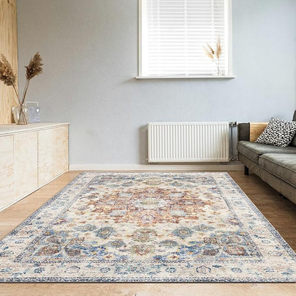 Area Rug 4×6, Vintage Boho Rug,Ultra-Soft Low Pile, Washable, Non Slip,Stain Resistant Printed Carpet for Living Room Bedrooms Playroom Office Kitchen, Blue/Red