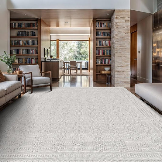 Micro Loop Indoor Rug White 8x10 Boho Geometric Neutral Area Rugs for Living Room Soft Luxury Modern Low and High Pile Durable Stain Resistant Non-Shedding Indoor Area Carpet 8 x 10