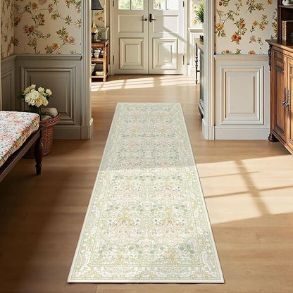 Lunasun Sage Green Long Bedroom Bedside Runner Rugs, 2x6 Non Slip Boho Floral Throw Rug for Kitchen, Hallway, Indoor Entrance, Foyer, Bathroom - Farmhouse Thin Front Door Low Pile Mat