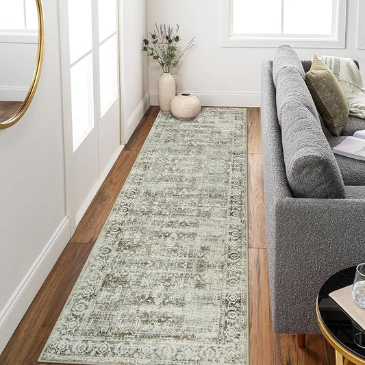 Morebes Vintage Long Bathroom Runner Rug, Washable Entryway Rugs Indoor Non Slip,Soft Distressed Doormat Indoor Entrance Throw Rug Kitchen Sink Mat Floor Carpet Runner, Brown