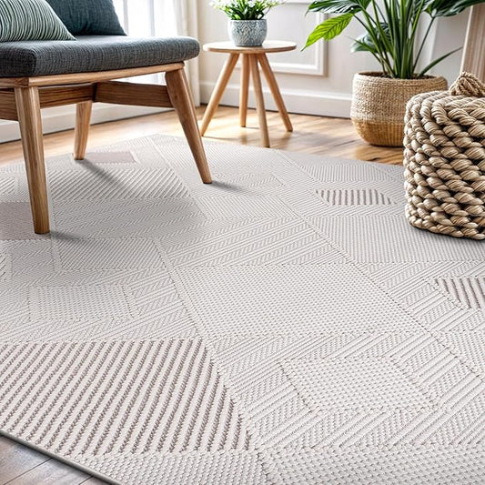 CAMILSON Micro Loop Rug 4x6 Modern Luxury Geometric Diamond Trellis Area Rugs Soft High and Low Pile Stain Resistant Easy-Cleaning Non-Shedding for Living Room Office Indoor Carpet (4 x 6 White-Beige)