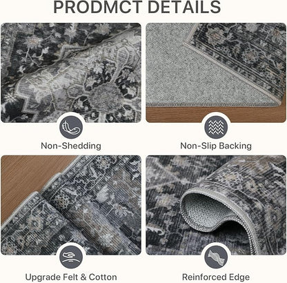 8x10 Area Rugs for Living Room, Machine Washable Non Slip Vintage Rugs, Low Pile Lightweigt Print Indoor Rug for Bedroom, Dining Room, Home Office, Dark Gray