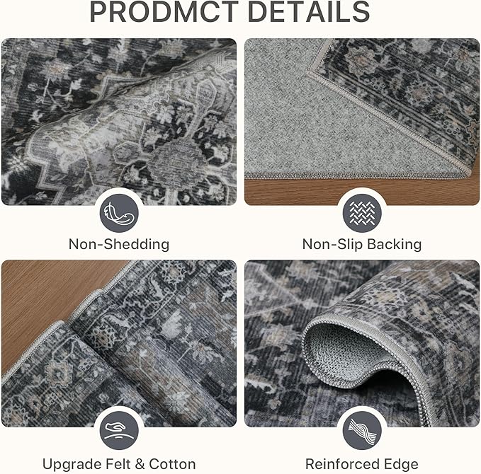 Runner Rug 2'6''x6, Machine Washable Runners, Non Slip Vintage Hallway Runner Rugs, Low Pile Lightweight Mat for Entryway, Hallway, Kitchen and Corridor, Dark Gray