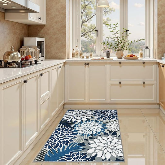 2x3 Washable Small Rug Tropical Botanical Modern Floral Indoor Chenille Door Mat Carpet Non Slip for Patio, Entry Way, Entrance, Porch, Blue
