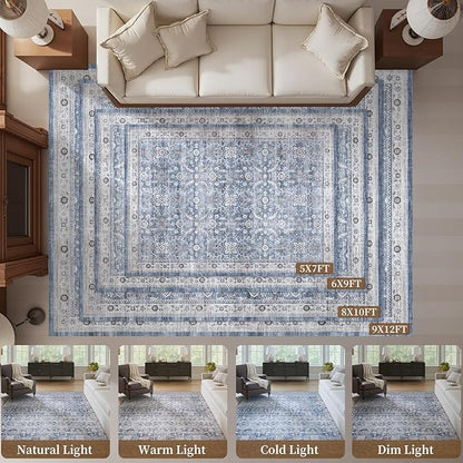 MontVoo-Vintage Area Rug 9X12 Blue Rugs for Living Room-Soft Distressed Printed Rugs for Bedroom-Non Slip Carpet-Machine Washable Rug for Dining Room Living Room Bedside Office