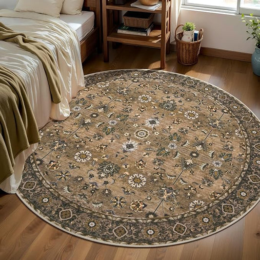 Tangsoo Vintage Round Rug 4ft, Washable Circle Rug, Non Slip Small Boho Round Rug, Low Pile Circular Rugs, Round Carpet for Bedroom,Entryway,Living Room,Dorm,Kitchen,Brown