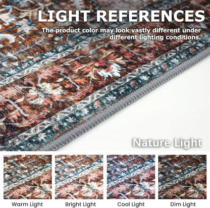 KOZYFLY Runners for Hallways 2x6 Ft Washable Kitchen Runner Rug Boho Runner Rug for Entryway Indoor Printed Oriental Faux Wool Floor Carpet Runner for Bedroom Kitchen Hall, Brick Red/Orange/Green
