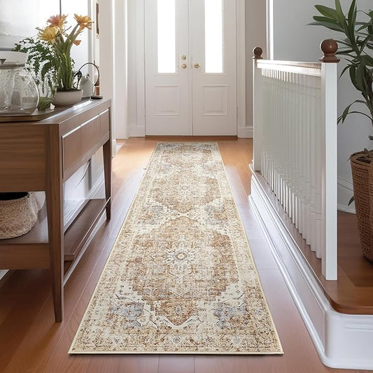 jinchan Runner Rug 2x8 Hallway Rug Kitchen Washable Runner Vintage Mat Retro Lightweight Non-Slip Floor Cover Distressed Thin Carpet for Entryway Bathroom Bedroom Laundry Room Stairway Brick Red