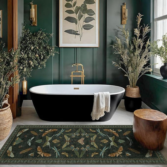 Dark Green Insect 2x5 Bathroom Runner Rug - Washable Non Slip Runners for Kitchen, Laundry Room, Front Door Mat Entrance, Nature Floral Indoor Floor Décor, Thin Low Pile with Rubber Backed