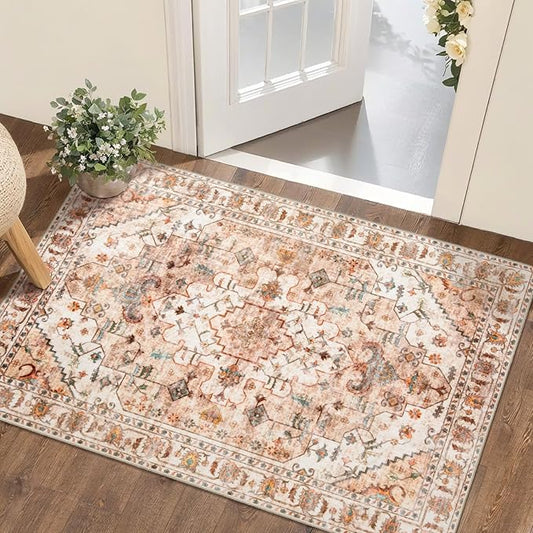 SERISSA Boho Rugs for Entryway, 2x3 Peach Cream Entryway Rug Non-Slip Washable Small Area Rug, Ultra Soft Vintage Low-Pile Indoor Door Mat Floor Carpet for Entrance Bedroom Kitchen Bathroom