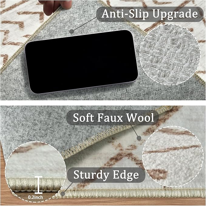 4x6 Machine Washable Area Rug for Living Room, Brown White Vintage Moroccan Rug Large Non-Slip Low Pile Soft Faux Wool Carpet, Kids and Pets Friendly for Bedroom Dining Room Farmhouse Home Decor Rug