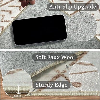 4x6 Machine Washable Area Rug for Living Room, Brown White Vintage Moroccan Rug Large Non-Slip Low Pile Soft Faux Wool Carpet, Kids and Pets Friendly for Bedroom Dining Room Farmhouse Home Decor Rug