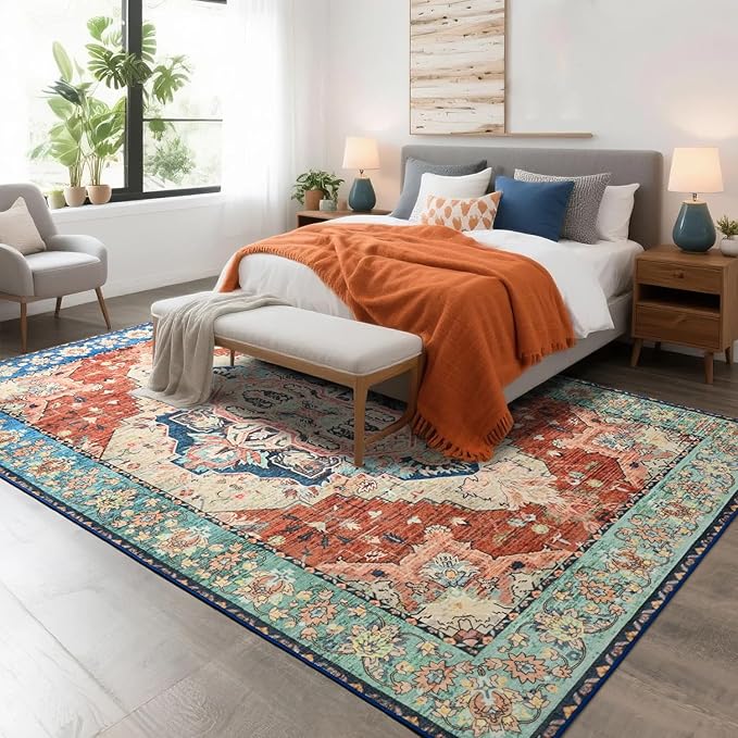 Large Area Rugs 8x10, Low Pile Washable Rugs, Soft Vintage Distressed Rugs for Living Room Bedroom, Office, Dining Room, Water Repellent & Non Shedding, Terracotta
