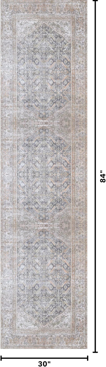 Kuden 2'6"x7' Runner Rug, Machine Washable Area Rug with Non-Slip Backing, Vintage Style, Soft, Easy Clean, Low Pile Rug for Hallway, Entryway, Kitchen, Bedroom