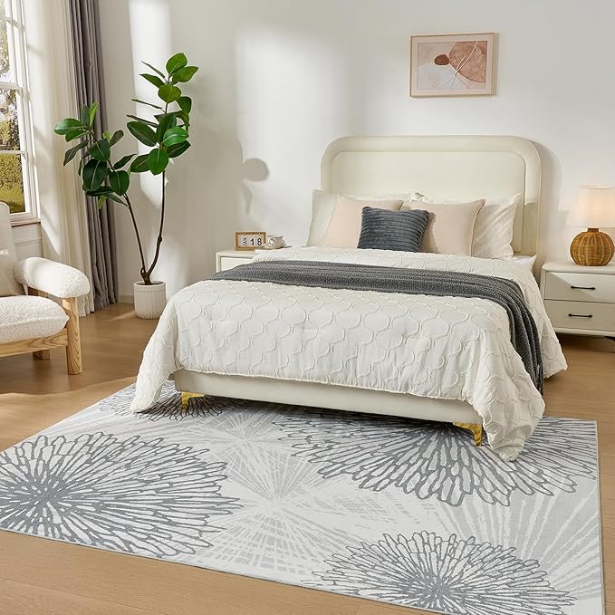 WITSHOCK 6x8 Washable Rug for Living Room,Modern Floral Distress Print Pattern Area Rugs,Stain Resistant with Non Slip Backing Carpet for Dining Room,Bedroom & Home Decor,Grey White