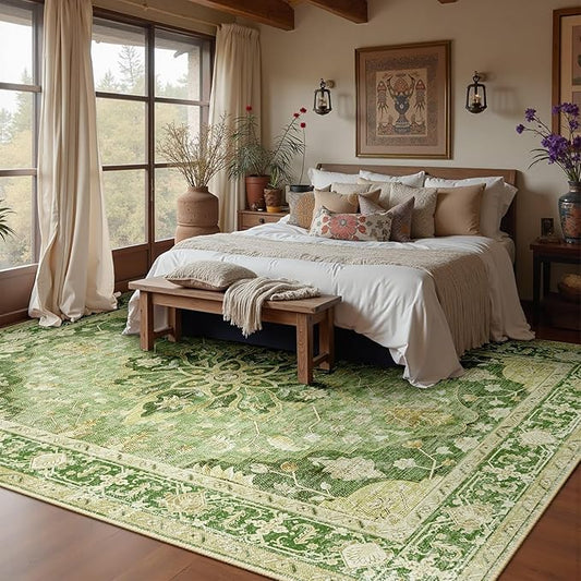 Area Rugs 10'x14' Washable Non-Slip, Floral Vintage Distress Print Pattern Medallion Carpet for Living Room Bedroom Dining Room, Sage Green Yellow