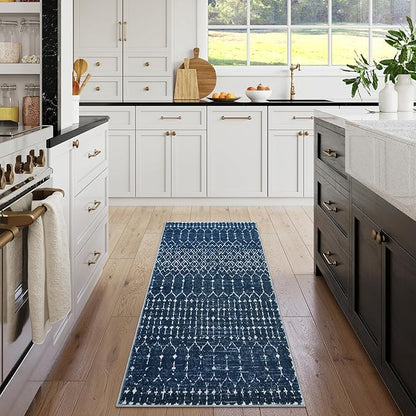 Lahome Moroccan Runner Rugs for Hallway 2x4 Bathroom Rugs Non-Slip Small Throw Kitchen Carpet Low-Pile Mat for Entryway Laundry Room Mat Geometric Indoor Carpert for Entrance Bath (Blue,2'x4')