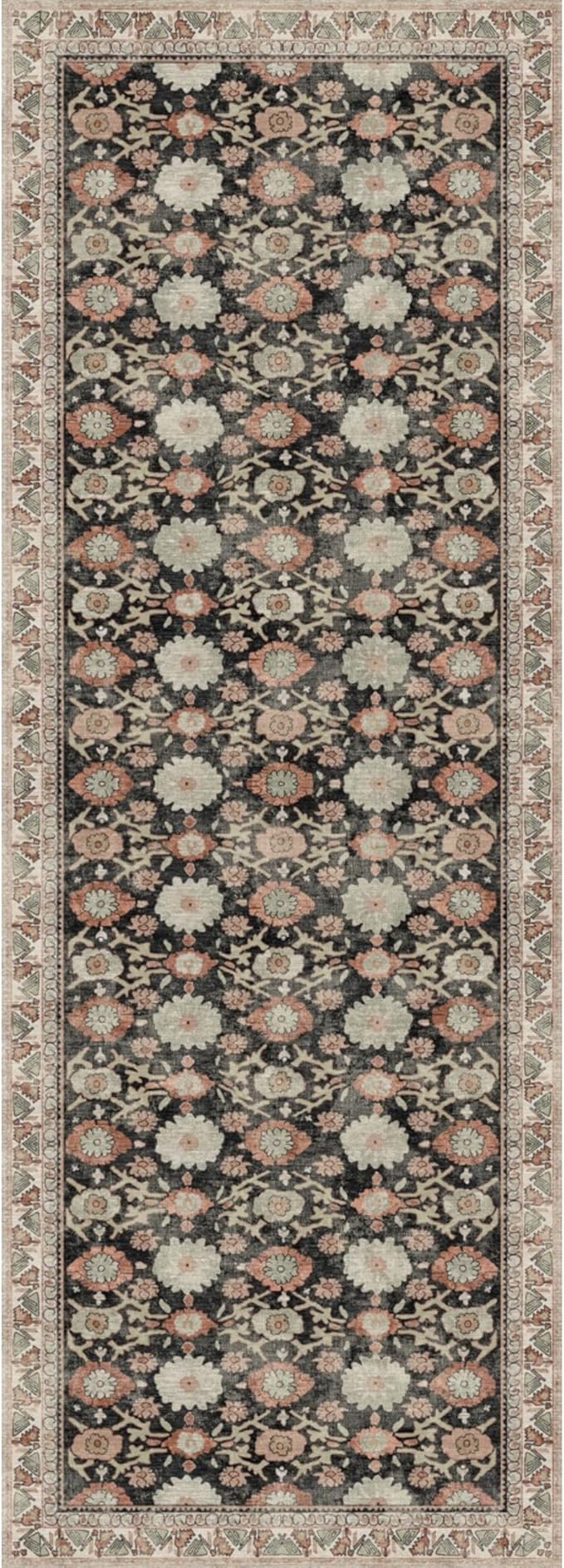 Kuden 2'6"x7' Runner Rug, Machine Washable Area Rug with Non-Slip Backing, Vintage Style, Soft, Easy Clean, Low Pile Rug for Hallway, Entryway, Kitchen, Bedroom