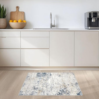 2x3 Entryway Area Rug: Washable Neutral Modern Abstract Small Rug - Non-Slip Low Pile Throw Indoor Carpet for Entrance Kitchen Front Door Mat Bathroom Entry Kids Room - Beige Blue