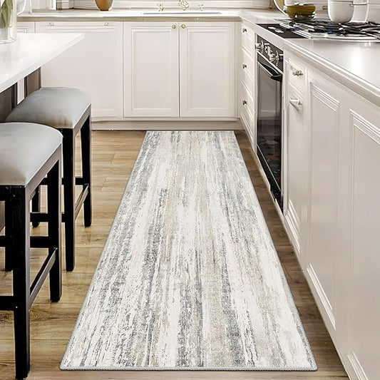 MUJOO Washable Runner Rug 2x6,Modern Abstract Area Rugs for Hallways Kitchen Bedroom Entryway Bathroom Laundry,Non Slip Carpet Long Mat Indoor,Low Pile Throw Rug Accent Neutral Beige and Grey