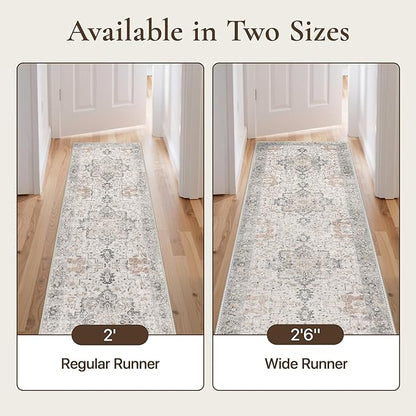 GENIMO Runner Rug 2'6"x4 Machine Washable Non Slip Vintage Hallway Runner Rug, Low Pile Lightweight Rugs for Indoor Entryway, Hallway, Kitchen and Corridor, Light Taupe Brown