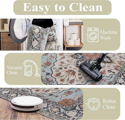 Washable Rugs 5x7 Area Rugs for Living Room, Thin Carpet for Bedroom, Soft Faux Wool Retro Dining Room Rug，Non Slip&Non-Shedding Resistant Low Pile Vintage Print Rug for Home Office (Blue/Gray)