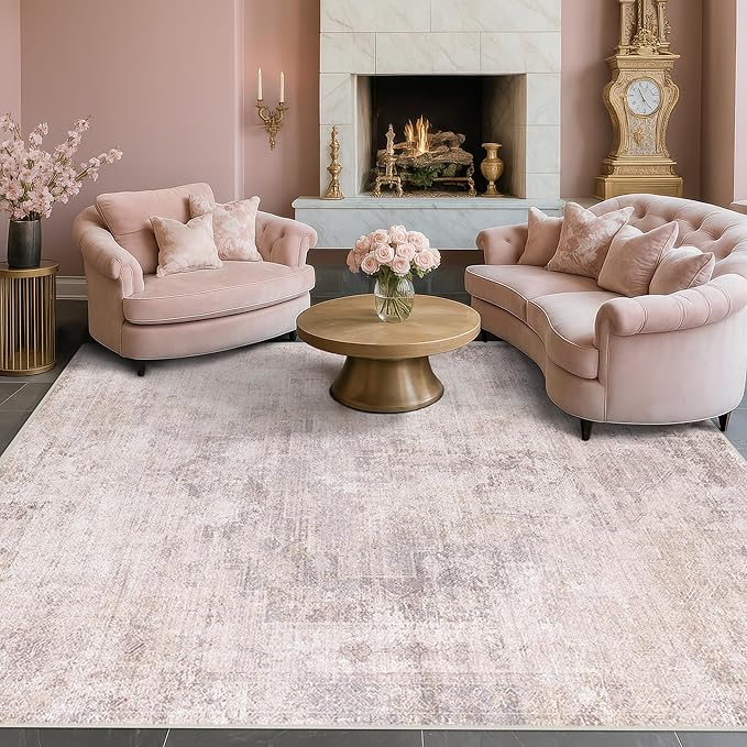 Modern Pink and Grey 5x7 Area Rugs for Bedroom - Abstract Living Room Rug, for Dining Room Under Table, Washable, Non Slip & Soft, Medallion Distressed Print Pattern