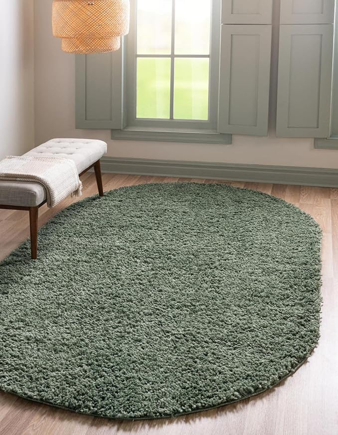 Unique Loom Davos Shag Collection Area Rug - Solid (7' 10" x 10' Oval, Sage)