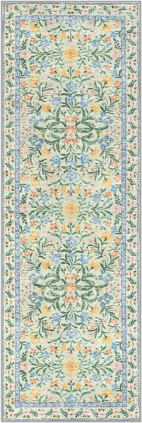 Lahome Washable Runner Rug 2x6, Boho Bathroom Rug Runner, Vintage Floral Soft Thin Indoor Throw Carpet for Entryway Bedroom Hallway Bath Laundry Room, Green/Multi