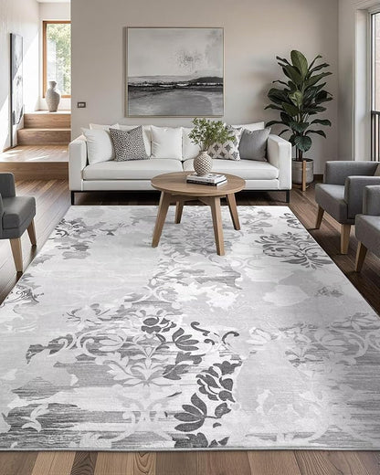 Washable Abstract Rug, 9x12 Classic Grey and White Floral Area Rugs with Non-Slip Rubber Backed for Living Room, Low Pile Modern Throw Carpet Bedroom Dining Room Decor