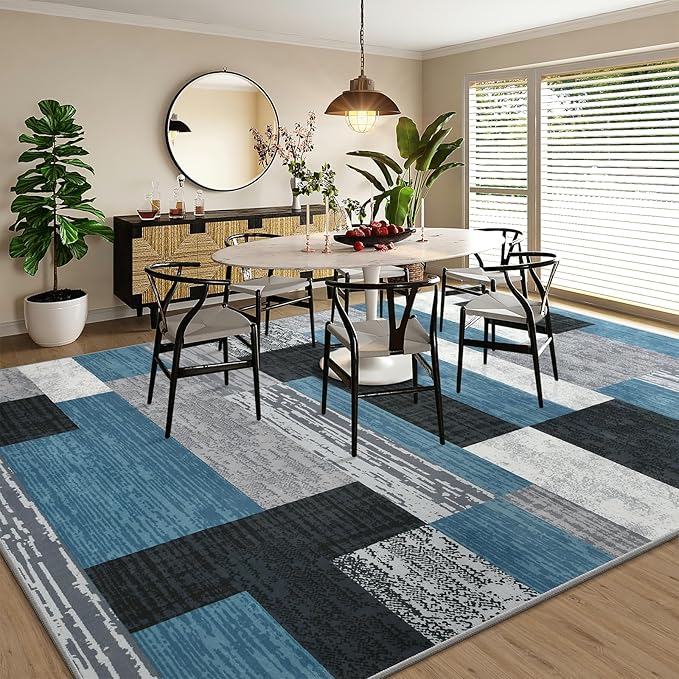 Large Area Rugs,Modern Geometric Patchwork Floor Decor for Bedroom Aesthetic Carpet, Rockwood Collection, Indoor Rugs for Living Room, Dining Room, Nursery, Office, Machine Washable Rug,5x8 Ft Blue