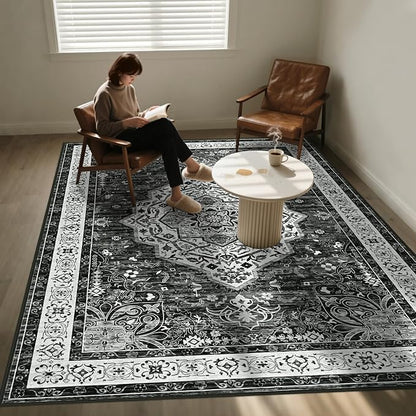 Black 4x6 Rug for Bedroom, Non Slip Washable Area Rugs for Living Room, Distressed Indoor Retro Accent Vintage Carpet for Kitchen, Office, Dining Room, Farmhouse, Kids Room