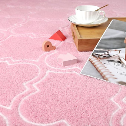 Amearea Fluffy Indoor Area Rug, Soft Trellis Moroccan Rugs for Bedroom, Shag Modern Area Rug for Living Room Kids Room Nursery, Easy Clean, Home Decor Low Pile Carpet, Pink 6x9 Feet