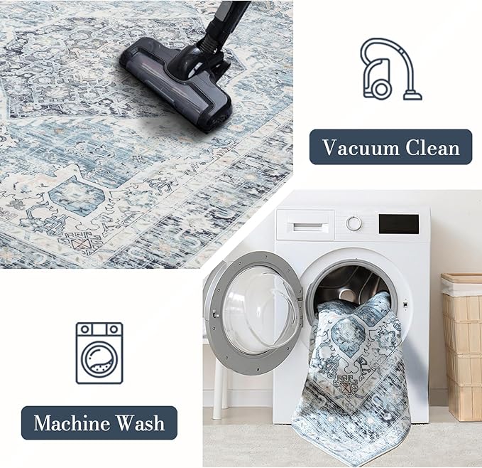 Runner Rug 2×8, Vintage Boho Rug,Ultra-Soft Low Pile, Washable, Non Slip,Stain Resistant Printed Carpet for Hallway Kitchen Living Room Bedrooms Playroom Office, Light Blue