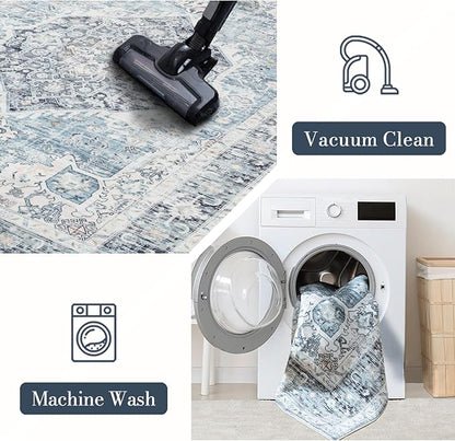 Area Rug 4×6, Vintage Boho Rug,Ultra-Soft Low Pile, Washable, Non Slip,Stain Resistant Printed Carpet for Living Room Bedrooms Playroom Office Kitchen, Light Blue