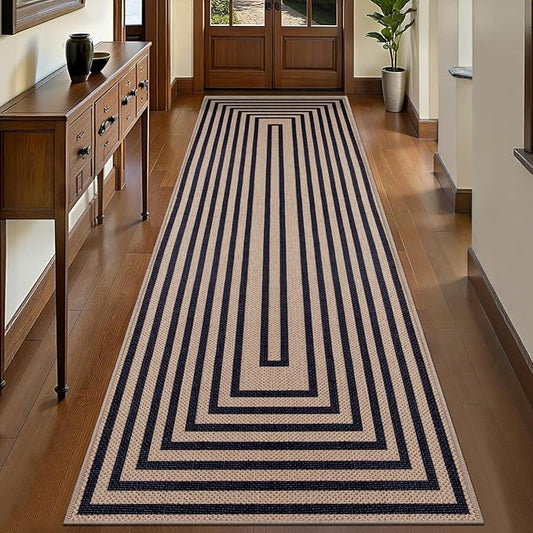 Tangsoo Easy Jute Rug 2.6x8 Washable Runner Rug for Hallways,Non-Slip Black Geometric Thin Indoor Outdoor Rug,Modern Farmhouse Carpet Runner for Kitchen Laundry Bedroom Entryway Porch