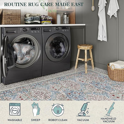 Lahome Floral Washable Area Rugs 5x7, Soft Beige Rugs for Living Room Bedroom, Boho Non Slip Low Pile Forest Design Large Throw Carpet for Farmhouse Dining Room Nursery, Beige/Blue