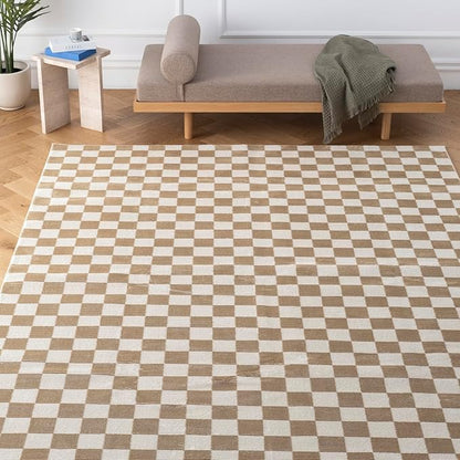 Revival Rugs Gambit 7'10"x10' Checkered Rug Washable Area Rug for Living Room Bedroom - 100% Recycled Oeko-TEX Certified, Medium Pile, Camel, Beige
