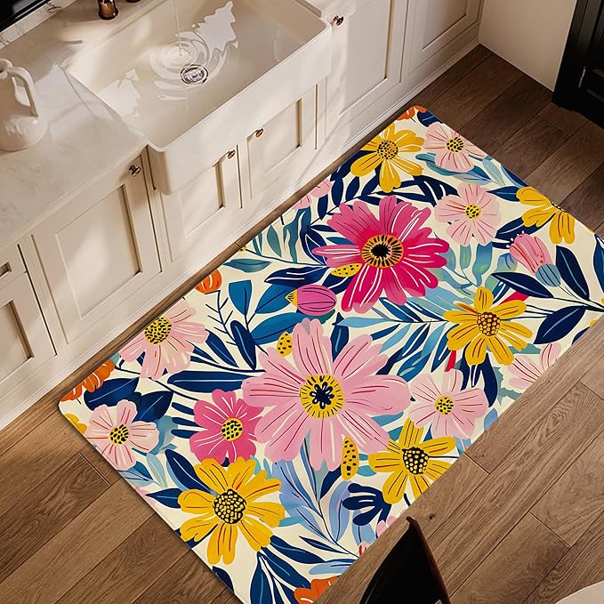 Pink Flowers Summer Area Rug for Living Room, Non-Slip Backing Low Pile Modern Abstract Rug for Indoor Use, 3x5 Washable Carpet