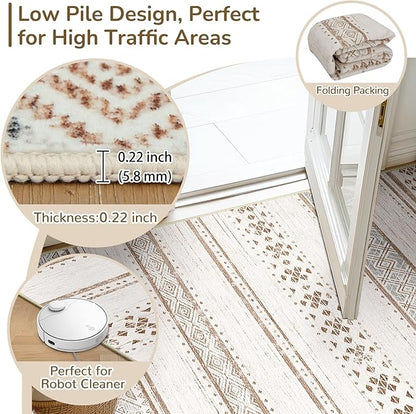 BESTSWEETIE 8x10 Area Rugs for Living Room Washable Moroccan Farmhouse Neutral Geometric Low Pile Non-Slip Soft Print Pattern Rug for Bedroom Kitchen Dining Room Entryway Cream/Brown/Pink