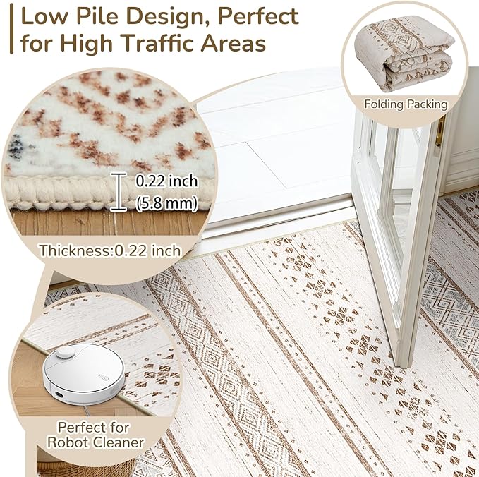 BESTSWEETIE 5x7 Area Rugs for Living Room Washable Moroccan Farmhouse Neutral Geometric Low Pile Non-Slip Soft Print Pattern Rug for Bedroom Kitchen Dining Room Entryway Cream/Brown/Pink