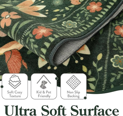 Moynesa 3x5 Kitchen Rug, Modern Cottage Washable Non-Slip Low Pile Area Rug for Bedroom Entryway Entrance Aesthetic,Lightweight Foldable Farmhouse Floral Bird Print Pattern Carpet Retro Home Decor